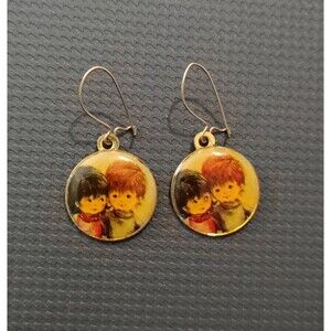Vintage Fran Mar Enamel Earrings Kids Illustration Gold Tone Dangle Pierced Art